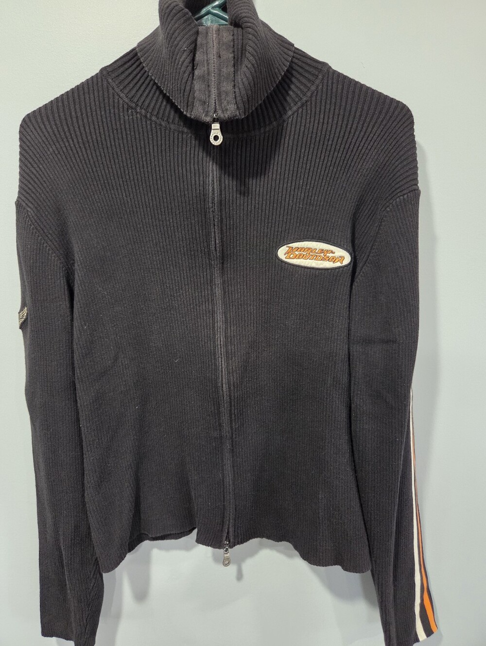 Y2K Harley Davidson Sweater Womens  Cardigan  Black Knit Full Zip Embroidered